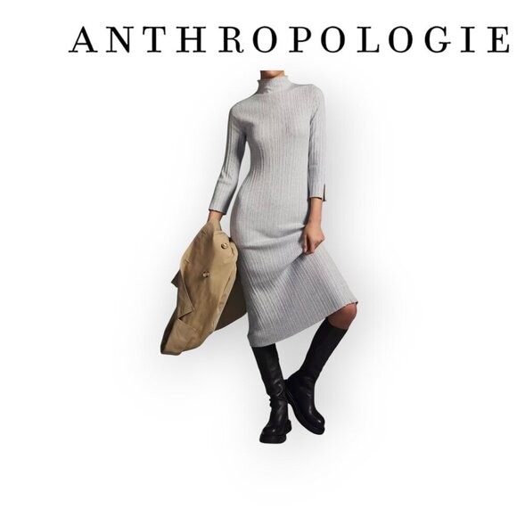 Anthropologie Daily Practice Ribbed Mock Neck Sweater Dress Petite L Gray - Picture 1 of 13